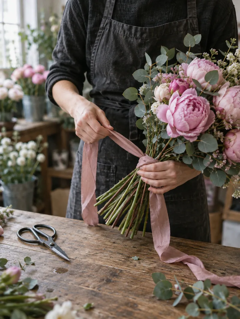 Florista Buqet legând un buchet de bujori roz pe masa de lucru
