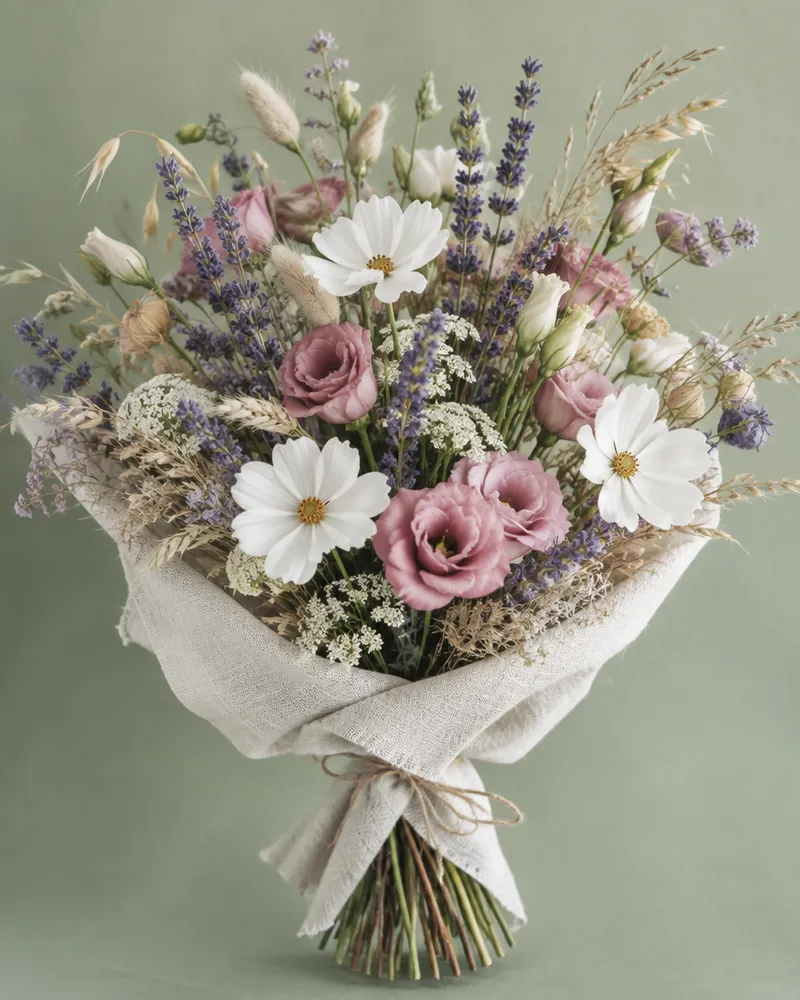 Buchet pastelat cu lavandă, cosmos și lisianthus